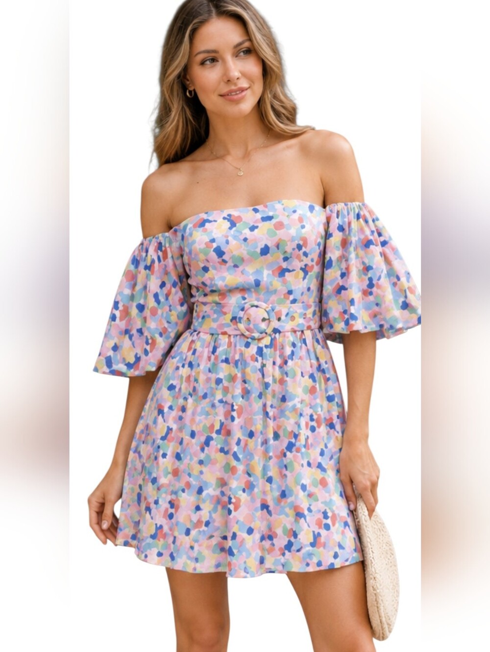 Paloma Blue Off Shoulder Linen Blend Mini Dress Pastel Abstract Print Belted. SM